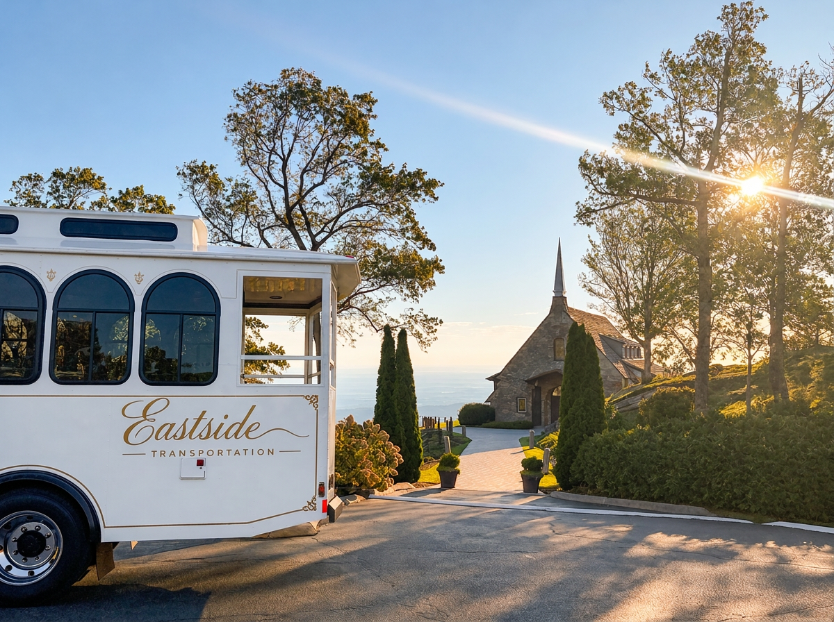 Eastside trolley beside a chapel in the evening sunshine