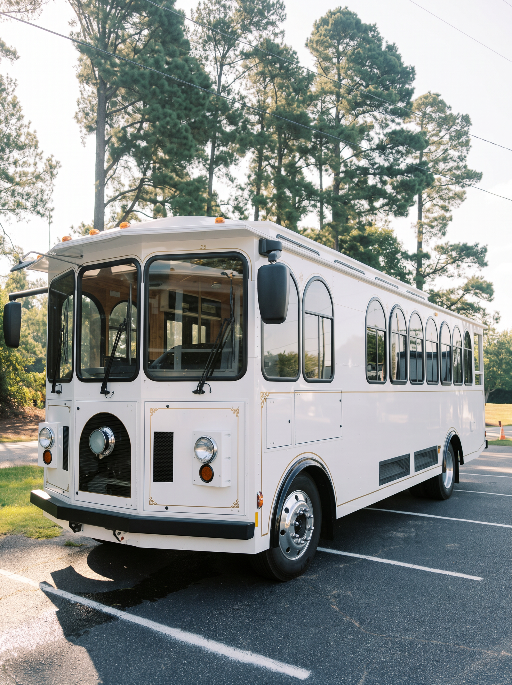 Front view of a white trolley with gold detailing