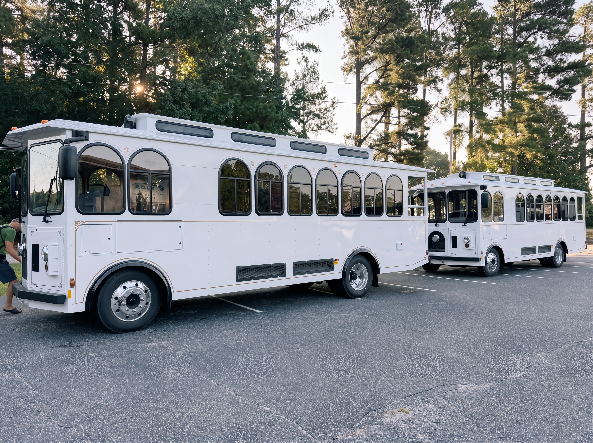 Two white Greenville trolleys parked together in the sunlight