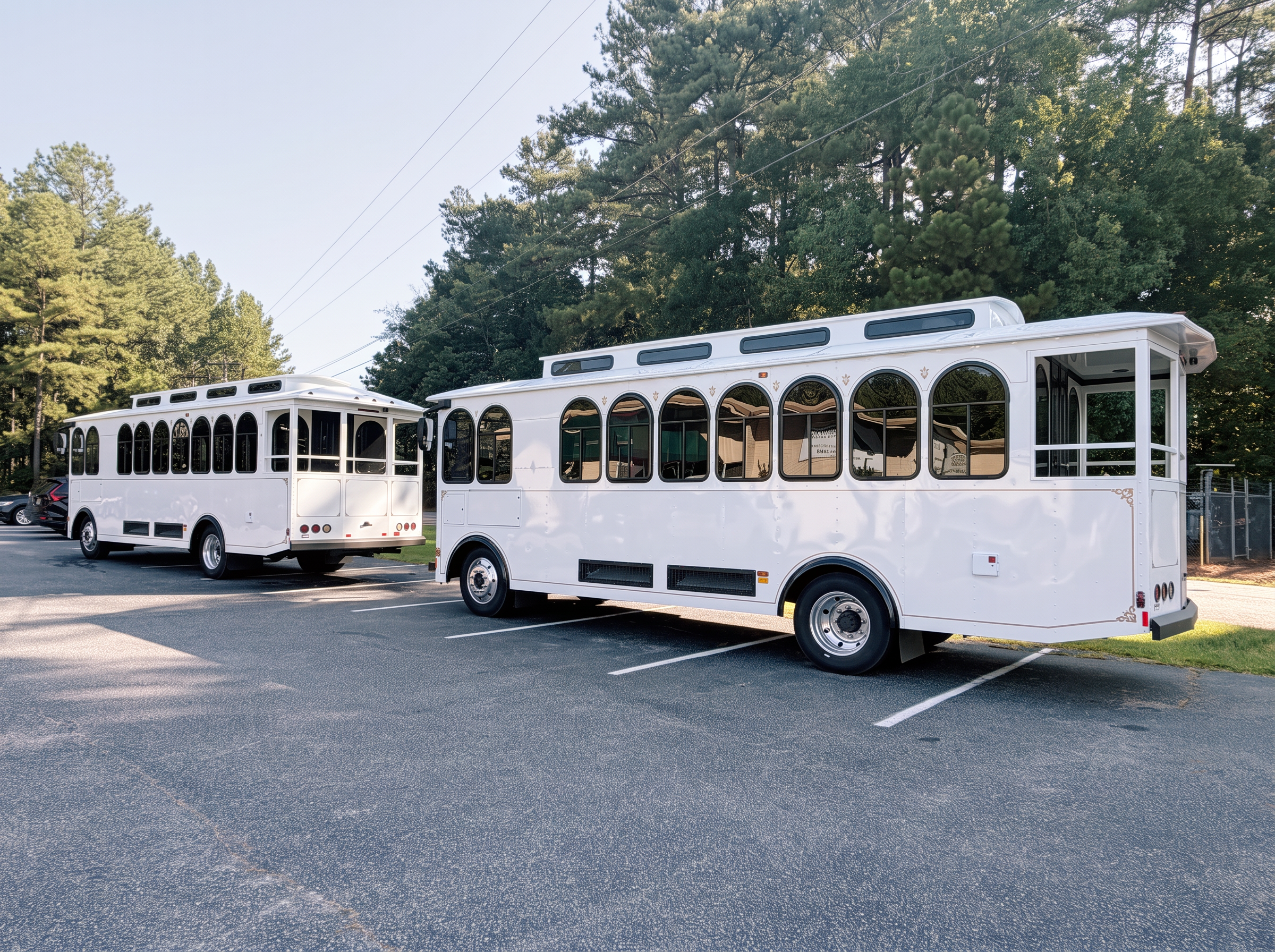 Both white trolleys showing their arched windows and rear porches