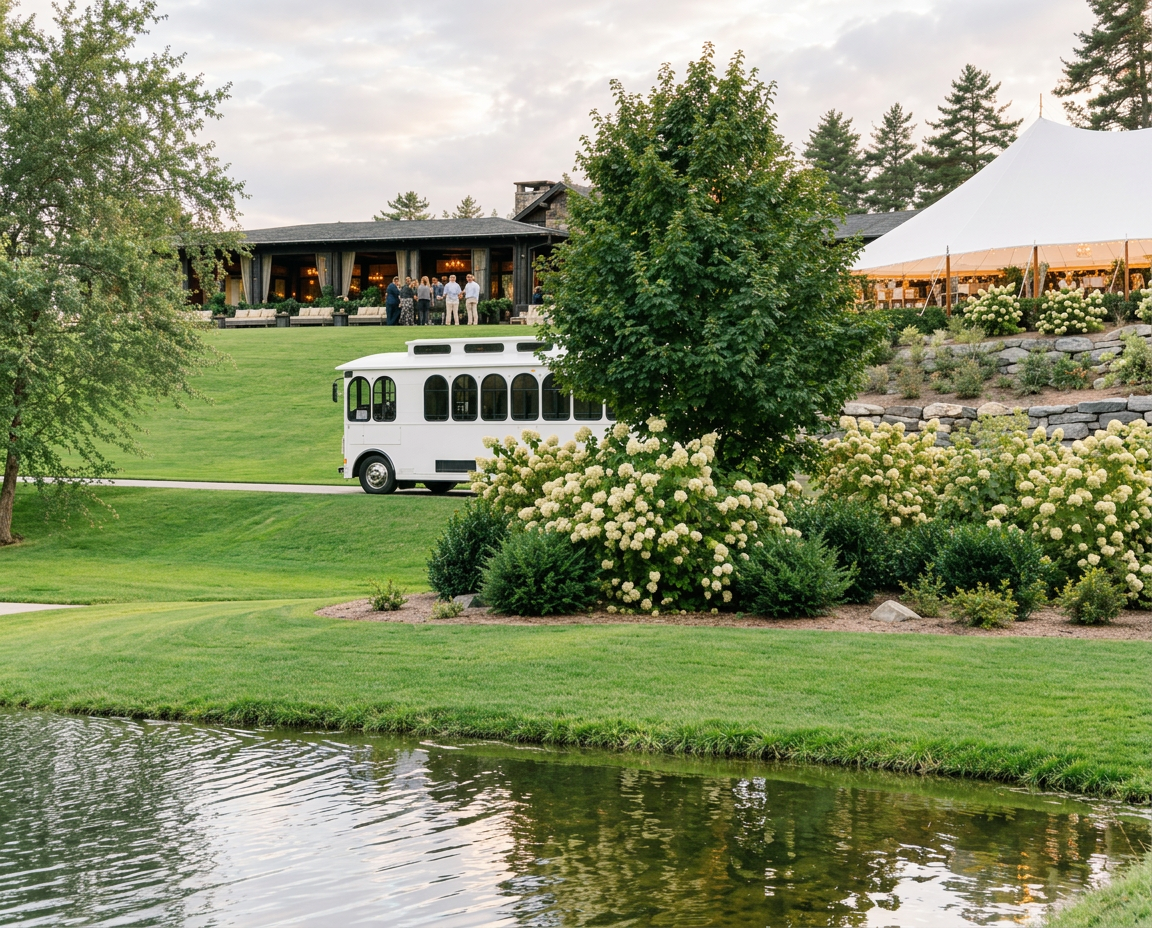 White trolley among gardens at a wedding venue