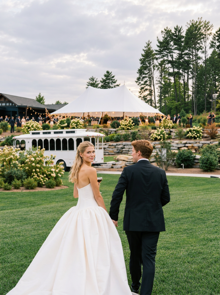 Bride and groom with a white trolley at their wedding